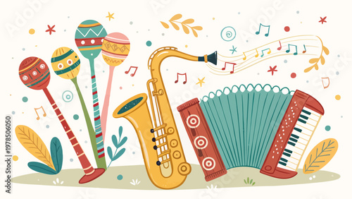Colorful cartoon music instruments collection with saxophone maracas and accordion surrounded by musical notes and leaves on white background