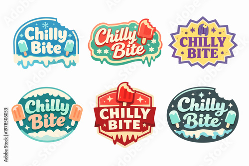 Chilly bite brand logo collection featuring various ice cream popsicle badges and frozen dessert labels