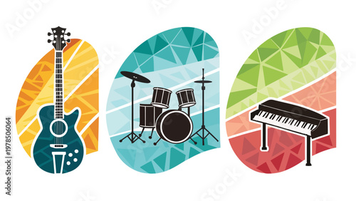 Stylized musical instrument icons with guitar drum set and piano in colorful geometric patterns for creative projects