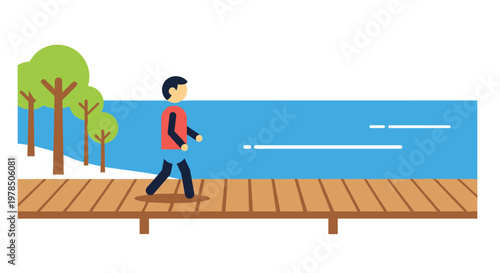 Flat illustration of a person wearing a red vest walking along a wooden boardwalk beside a calm blue water body with green trees in the background.