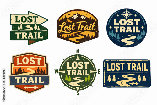 Collection of lost trail badges, emblems, and stickers for hiking, camping, and outdoor adventures, expressing exploration and wanderlust