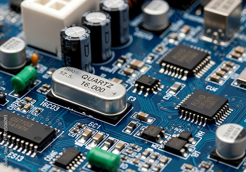 Close up view of a blue electronic circuit board featuring a prominent silver quartz crystal oscillator component for hardware