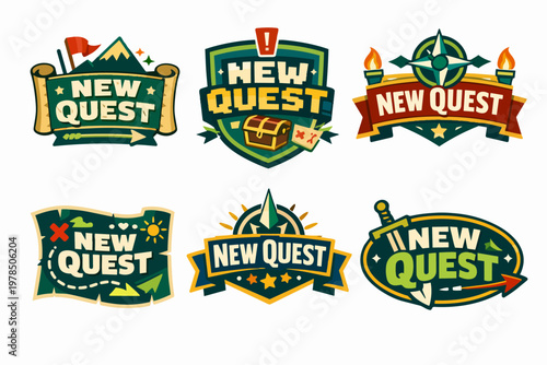 New quest gaming badges collection with adventure map, treasure chest, sword, banner, and compass for rpg game interface