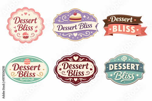 Dessert bliss labels set displaying sweet cakes, cupcakes, and pastries in vintage, retro style for bakery branding