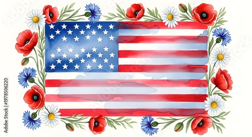 A watercolor painting featuring an american flag surrounded by vibrant red poppies cornflowers and daisies, Memorial Day 