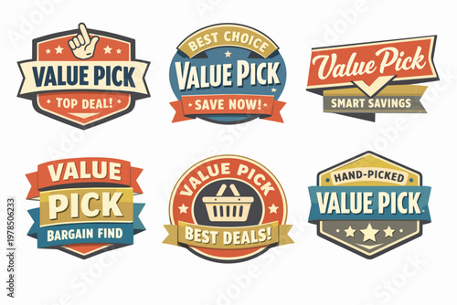 Value pick retro labels set offering best choice, smart savings, bargain finds, and top deals for shopping sales