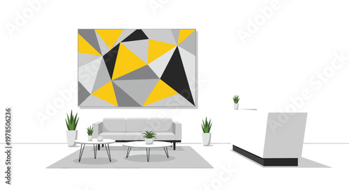 Minimalist office reception area showcasing a sleek white desk and a gray sofa positioned under a large geometric wall art piece with yellow accents.
