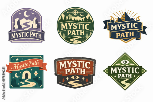 Set of mystic path logos featuring occult symbols, nature elements, and spiritual journey concepts for adventure and exploration