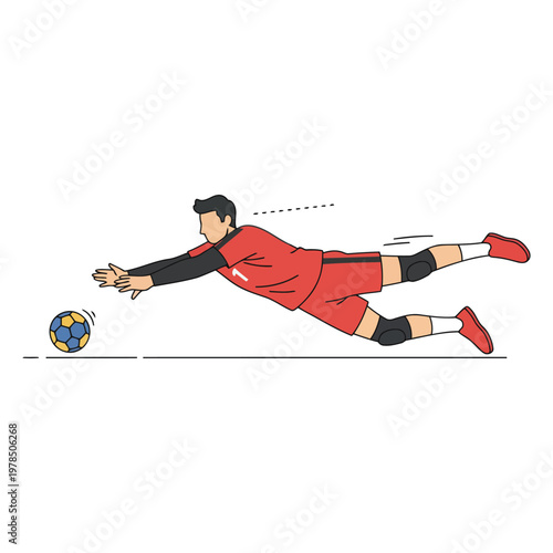 Handball goalkeeper diving to save shot, full stretch action, flat vector