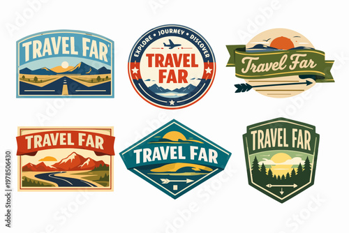 Collection of vintage-style travel far badges, featuring outdoor landscapes, road trips, and exploring natural destinations