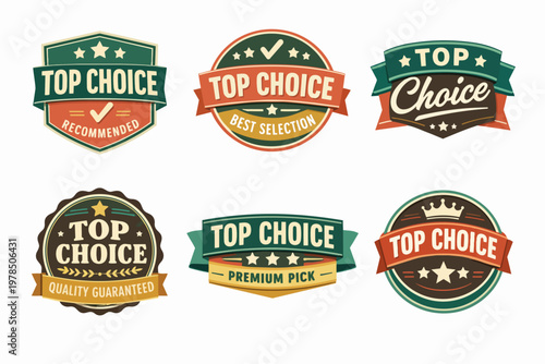 Top choice badge collection with recommended, best selection, quality guaranteed, and premium pick emblems