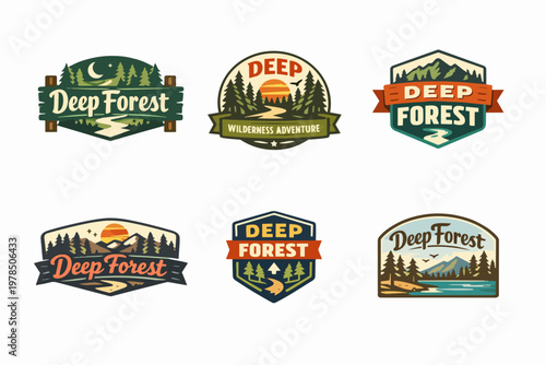 Deep forest, wilderness, and outdoor adventure emblems collection with pine trees, mountains, roads, and rivers
