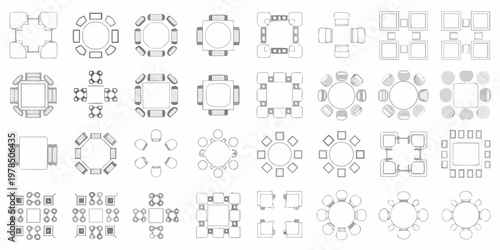 Collection of various table arrangements and seating plans in outline form