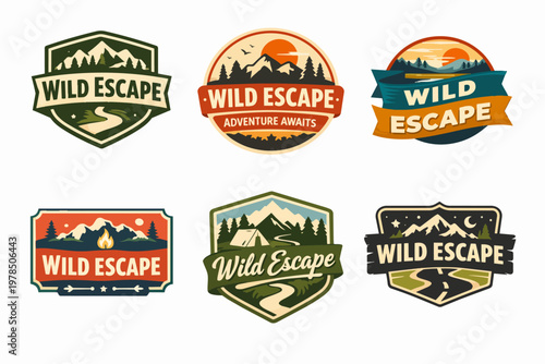Wild escape badges collection for outdoor adventure, camping, hiking, and nature expeditions