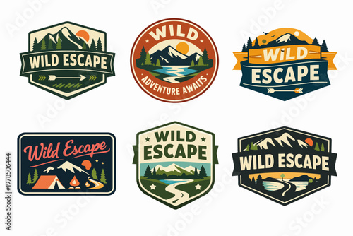 Wild escape emblem collection presenting outdoor adventure logos with nature landscapes, mountains, forests, rivers, and retro camping designs