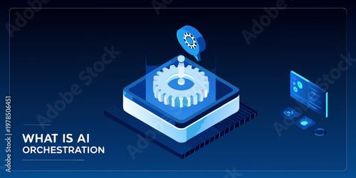 Isometric illustration of ai orchestration with gears and digital elements