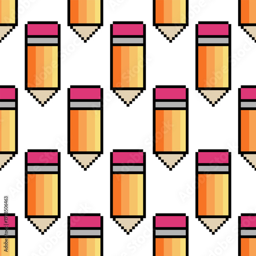 Seamless pattern with pencil pixel art on white background.