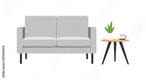 Comfortable grey two-seater sofa sits beside a small wooden side table holding a vibrant green potted plant and a warm cup of coffee in a cozy lounge.
