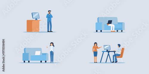 Minimalist illustration depicting various scenes of people interacting indoors