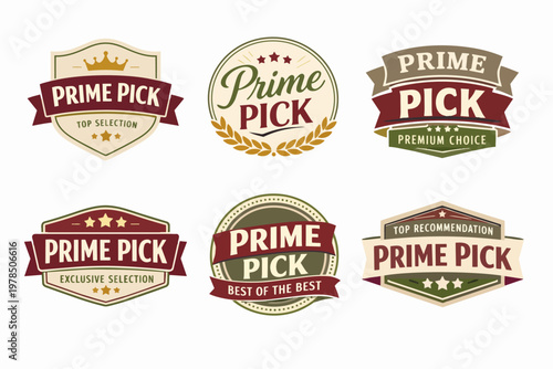 Prime pick and top selection badges in a vintage style, showing quality and recommendation for products and services