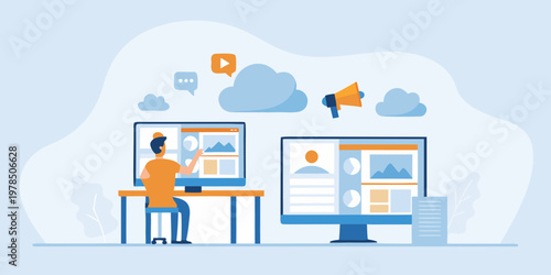 Person interacting with digital content displayed on computer screens