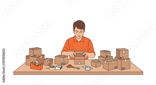 Diligent worker carefully assembles cardboard shipping boxes on a sturdy wooden table while surrounded by essential packing materials and mailing tools.