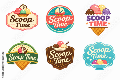 Collection of colorful ice cream scoop time labels and badges, perfect for menus, branding, and summer treats