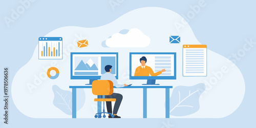 Man participates in a virtual meeting while working on multiple computers