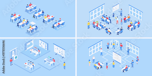 Isometric illustrations depict office scenes with people collaborating and working