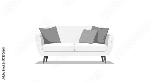 Minimalist two-seater sofa featuring plush grey decorative pillows rests against a pristine white background in this clean and modern interior furniture.