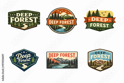 Outdoor adventure emblems set with forest, mountains, and river designs, creating vintage style camping and hiking badges