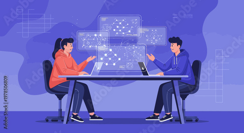 Collaborative data analysis visualization featuring two professionals in a tech environment