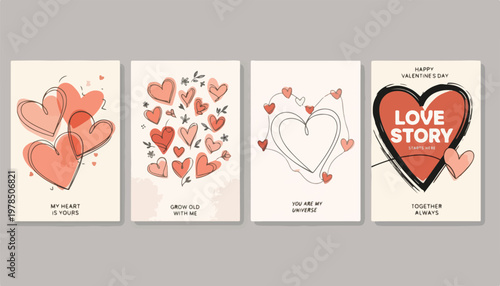 Hand drawn Valentine's Day greeting cards with hearts, romantic love story posters set, minimalist line art illustrations for wedding and anniversary