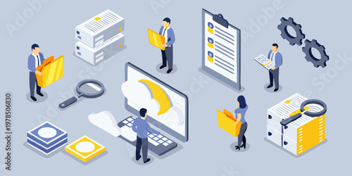 Isometric illustration depicting data management analysis and office workflows