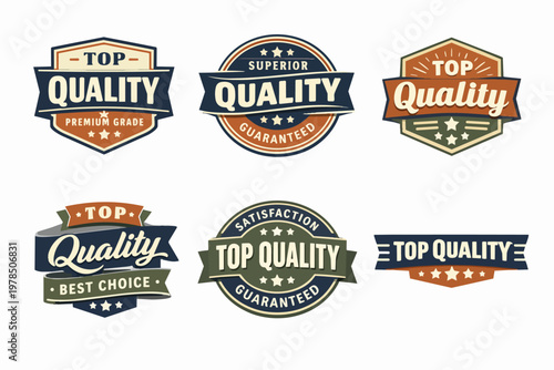 Set of vector badges and labels representing top quality products, superior offerings, best choice, and guaranteed satisfaction
