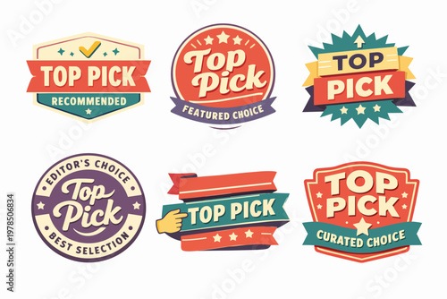 Collection of vintage top pick badges and recommended labels, highlighting quality, editor's choice, and premium selections