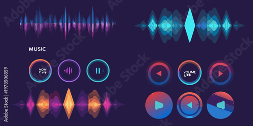 Colorful audio wave and music control icons on a dark background