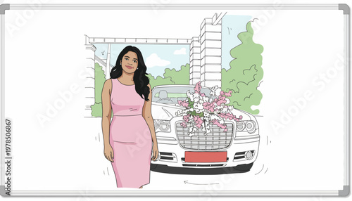 Woman in Pink Dress Posing Next to a Decorated Wedding Car Outdoors