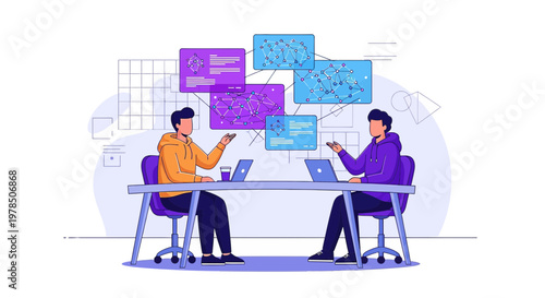 Collaborative innovation meeting illustration with network visualization concept creation