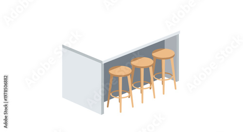 A modern kitchen island with a sleek white countertop and three wooden stools featuring circular seats arranged neatly in a row underneath the structure.