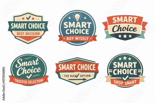Smart choice labels collection featuring different retro designs with text like best decision and buy wisely
