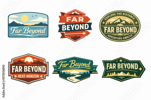 Set of vector logos and labels promoting outdoor adventure, nature exploration, and travel. Designs with mountains, sun, lakes, and winding roads