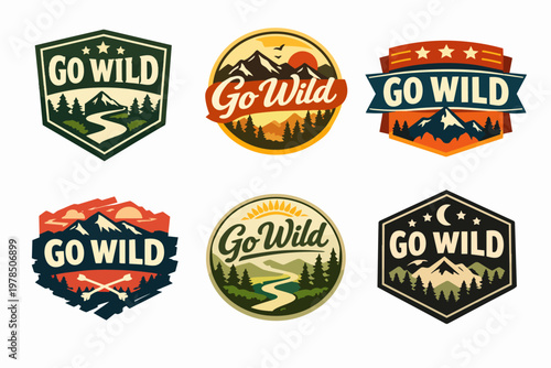 Go wild outdoor adventure badges set showcasing mountains, forest, river, and sun for trekking, camping, and exploration