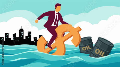 Businessman rides dollar sign through stormy waters with oil barrels