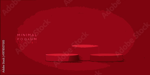 Red minimalist podium display with three cylindrical platforms for product showcase