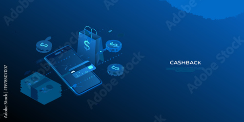 Digital shopping and cashback rewards illustrated with a smartphone and money
