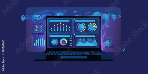 A laptop displaying complex data visualizations against a dark futuristic backdrop