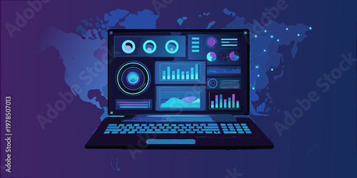 Laptop displaying data analytics and visualizations over a world map background