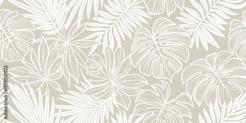 Elegant tropical leaves create a seamless neutral toned pattern