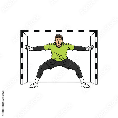 Handball goalkeeper preparing stance, knees bent, ready position, flat vector, isolated on white 